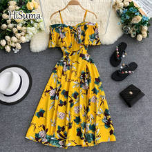 2020 summer new women's strap V-neck flower printing ruffles waist chiffon A-line dress female sling elegant beach dresses 2024 - buy cheap