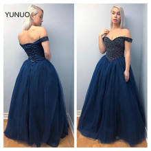 YUNUO Off Shoulder Navy Prom Dresses vestidos de fiesta de noche Luxury Beading Evening Gowns Floor Length Tulle Party Dress 2024 - buy cheap