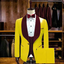 Terno sob medida em 3 peças terno amarelo masculino, ternos de casamento de padrinho (jaqueta + calça + colete + laço) 2024 - compre barato