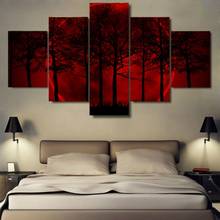 Pintura de arte sin marco de bosque rojo Noche de Luna, 5 pinturas modernas, decoración de arte de la pared, pintura familiar 2024 - compra barato