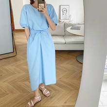 2020 Women Summer Vintage Elegant Bandage Long Loose Dress Round Collar Elastic Waist Zipper Midi Dresses 2024 - buy cheap