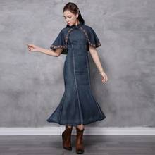 Cheongsam denim dress fashion lolita girl cloak embroidery cotton Dresses female over the knee Retro Mermaid Dress F1095 2024 - buy cheap
