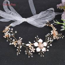 TOPQUEEN HP357 Luxury Alloy Flower Wedding Hair Vine Rose Golden Hair Piece for Weddings Jeweled Headband Skinny Bridal Headwear 2024 - buy cheap