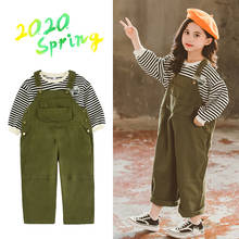 4-12 Years Kids Clothing Sets Casual Korean Striped Long Sleeve Shirt Army Green Overalls 2pcs Big Girls Suit 2020 Spring Autumn 2024 - купить недорого