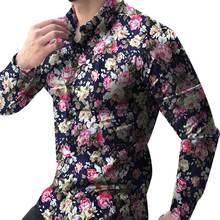 Camisa masculina de manga longa slim com estampa floral, camisa casual para homens, com botões e gola 2024 - compre barato