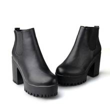 Botas de couro do sexo feminino botas de salto grosso botas de tornozelo para as mulheres dedo do pé redondo sapatos de inverno botas de plataforma plana 2024 - compre barato