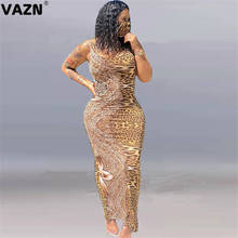 VAZN 2020 Hot Popular Plus Size Leopard Sexy Mature Joker Style Round Neck Tank Sleeve High Waist Women Thin Maxi Dress 2024 - buy cheap