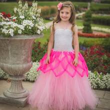 Vestido de tutu de princesa rosa para meninas crianças malha de crochê vestido de tule com flor tiara crianças vestido de festa de casamento 2024 - compre barato