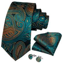 Men Tie Teal Blue Gold Paisley Design Silk Wedding Tie for Men Handky cufflink Gift Tie Set DiBanGu Party Business SJT-7317 2024 - buy cheap