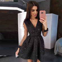 Women Sexy Lace a Line Party Dress Ladies Dots Long Sleeve  V-neck Spring Dress 2020 New Bright Shiny Slim Mini Dress Vestidos 2024 - buy cheap