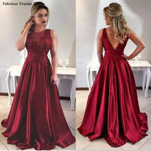 Red Applique Lace Prom Dresses 2021 Satin A Line O-neck Long Evening Dress Party Backless Plus Size Vestido De Fiesta 2024 - buy cheap