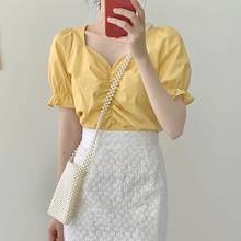 Retro French Style Blouses Summer Short Sleeve Solid Color Square Collar Women Shirt 2024 - buy cheap