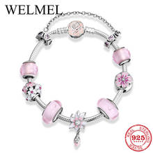 Luxury 925 Sterling Silver Women Bracelet Pink Sweet Love Flower Glass Beads Charm Bracelet For Women Party Jewelry DIY Gift 2024 - buy cheap
