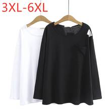 Tops de talla grande para mujer, Camiseta holgada de algodón de manga larga, Bolsillo Blanco negra, 3XL, 4XL, 5XL, 6XL, novedad de 2021 2024 - compra barato