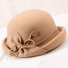 H274 Autumn Winter Wool Fedoras Hat Women Elegant Fashion Bowknot Retro Basin Cap Ladies Pure Color Curling Church Party Hats 2024 - buy cheap