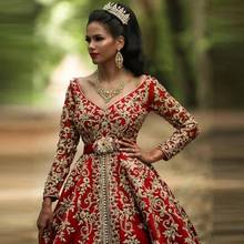 Red Moroccan Kaftan Caftan Muslim Evening Dresses Ball Gown V-neck Long Sleeves Appliques Dubai Arabic Turkey Abaya Islamic Gown 2024 - buy cheap