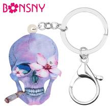 Bonsny Acrylic Halloween Flower Smoking Skull Skeleton Keychains Key Ring Jewelry Gift For Women Handbag Purse Pendant Accessory 2024 - buy cheap
