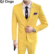 Conjunto de 3 piezas de rayas doradas para hombre, traje de vestir de fiesta de boda, esmoquin rosa albaricoque Terno masculino (Blazer + Pantalones + chaleco) 2024 - compra barato