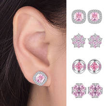 Brincos de haste românticos pequenos, brincos geométricos de cristal rosa fofos para meninas, joias para orelha 2024 - compre barato