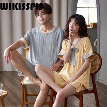 WIKISSPJSSummer 2022 New Lovers Thin Pajamas Short Sleeve Shorts Home Suit  Women Pajamas Two Piece Sets  Lounge Wear 2024 - buy cheap