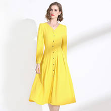 Yellow Dress Women 2020 Spring V-Neck Long Sleeved Slim A-Line Solid Color Simple Fashion Classy Dress Mid-Calf Length M-XXL 2024 - buy cheap