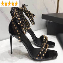 Das mulheres de alta qualidade couro genuíno salto alto bombas sexy studs tornozelo tiras sandálias de verão 34-42 vestido sapatos 2024 - compre barato