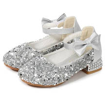Zapatos de princesa para niñas, calzado de cuero de cristal, zapatos de tacón alto con lentejuelas, para fiesta, boda 2024 - compra barato