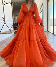 Longo elegante vestido de noite 2021 com decote em v a linha de manga longa laranja chiffon dubai feminino festa formal noite lidies vestidos 2024 - compre barato