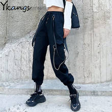 Calça cargo feminina, com corrente, cintura alta, estilo harajuku, gótico, coreano 2024 - compre barato