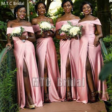 Dusty Pink African Bridesmaid Dresses Boat Neck High Slit Sexy Maid Of Honor Dress Plus Size Satin Wedding Guest Gowns Wholesale 2024 - buy cheap