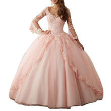 vestido de fiesta Deep V Neck Girls Sweet 16 Quinceanera Dresses Long Sleeves Pink Princess Prom Dress Ball Gown Wedding Dress 2024 - buy cheap