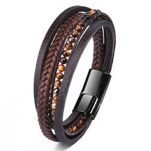 Новый популярный мужской кожаный браслет 6 мм из натурального камня, тканый многослойный браслет в стиле бохо, мужской браслет ручной работы на магнитной застежке, ювелирное изделие 2024 - купить недорого
