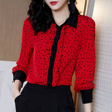 100% Real Silk Women Tops Vitange Shirt Spring Autumn Elegant Turn-down Collar Long Sleeve Dot Print Loose Office Lady Blouse 2024 - buy cheap