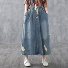 Free Shipping 2021 New Cotton Denim Long Mid-calf Skirts For Women Summer Spring Elastic Waist A-line Pockets Skirts With Holes 2024 - buy cheap