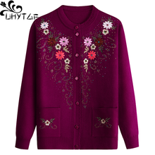 UHYTGF Middle-Aged Elderly Autumn Winter Sweaters Coat Fashion Embroidered Knit Cardigan Women Casual Plus Size Tops Jacket 1195 2024 - buy cheap