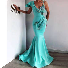 Turquoise Muslim Evening Dresses Mermaid V-neck Appliques Feather Beaded Dubai Saudi Arabic Long Evening Gown Prom Dress 2024 - buy cheap