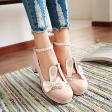 Japanese sweet lolita shoes cute bunny ears bowknot kawaii shoes round head thick heel one-word buckle women shoes loli cosplay 2024 - buy cheap