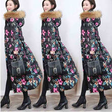 Women Winter 2020 Print White Duck Down Female Real Raccoon Fur Collar Female Hooded Coats Ladies Slim Overcoat with Belt P114 2024 - buy cheap