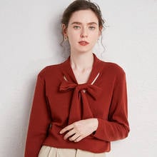 Suéter feminino de lã pura com laço, pulôver estiloso de cintura fina para outono e inverno 2020 2024 - compre barato