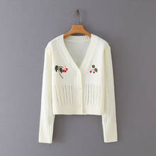 Suéter de punto con cuello en V para mujer, Chaqueta de punto con bordado industrial de cereza, estilo retro, lindo 2024 - compra barato