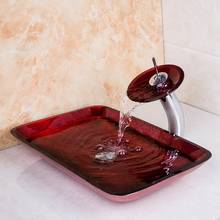 Cascada Caño baño Rectangular lavabo de cristal lavabo de vidrio pintado a mano baño de latón juego grifo mezclador grifos 2024 - compra barato