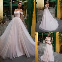 Pink Tulle Wedding Dresses with Sleeves 2021 Off Shoulder Sweetheart Lace Up Floor Length Wedding Bridal Gowns Vestido de noiva 2024 - buy cheap