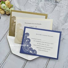 50 pcs/lot Navy Blue Gold Ivory Laser Cut RSVP Card Personalized Print Small Invitations Custom Wedding Cards 2024 - buy cheap