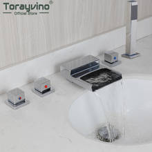 Torayvino chrome polido banheiro torneira do chuveiro 5 pcs conjunto banheira deck montado cachoeira bico misturador de água com handshower 2024 - compre barato