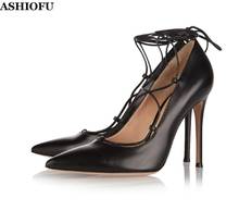 Женские туфли-лодочки ручной работы ASHIOFU, классические туфли на высоком каблуке, с ремешком на щиколотке, с острым носком 2024 - купить недорого
