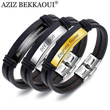 AZIZ BEKKAOUI Vintage Genuine Leather Bracelet for Men Engrave Name Stainless Steel Bracelets Male Jewelry Gift Dropshipping 2024 - buy cheap