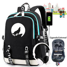 Mochila lua wolf escolar para adolescentes, mochila luminosa de viagem de lona bolsa para laptop respirável pode carregar usb 2024 - compre barato