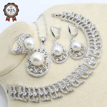 Conjunto de joyería de Color plata y Perla blanca para mujer, pulsera de circón, pendiente, collar, anillo colgante, regalo de cumpleaños y boda 2024 - compra barato