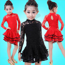 children long-sleeve yellow black red Lace flower latin Dance Dress Girls Skirt Wear Vestido De Baile Latino Kids Dance Costumes 2024 - buy cheap