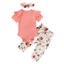 2020 Baby Summer Clothing Infant Newborn Baby Girl Ruffle Short Sleeve Ribbed Bodysuit Floral Pants Headband 3Pcs Set 2024 - buy cheap